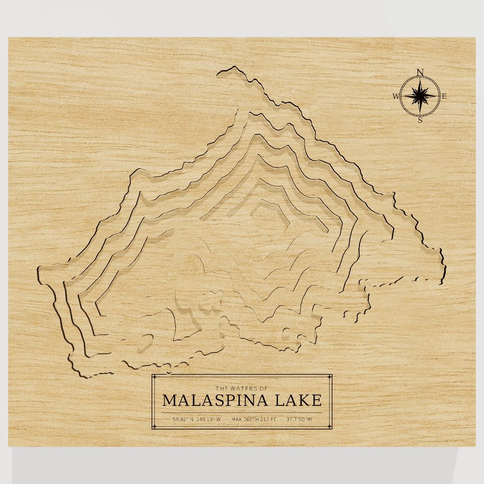 Malaspina Lake 3D wood map, front view