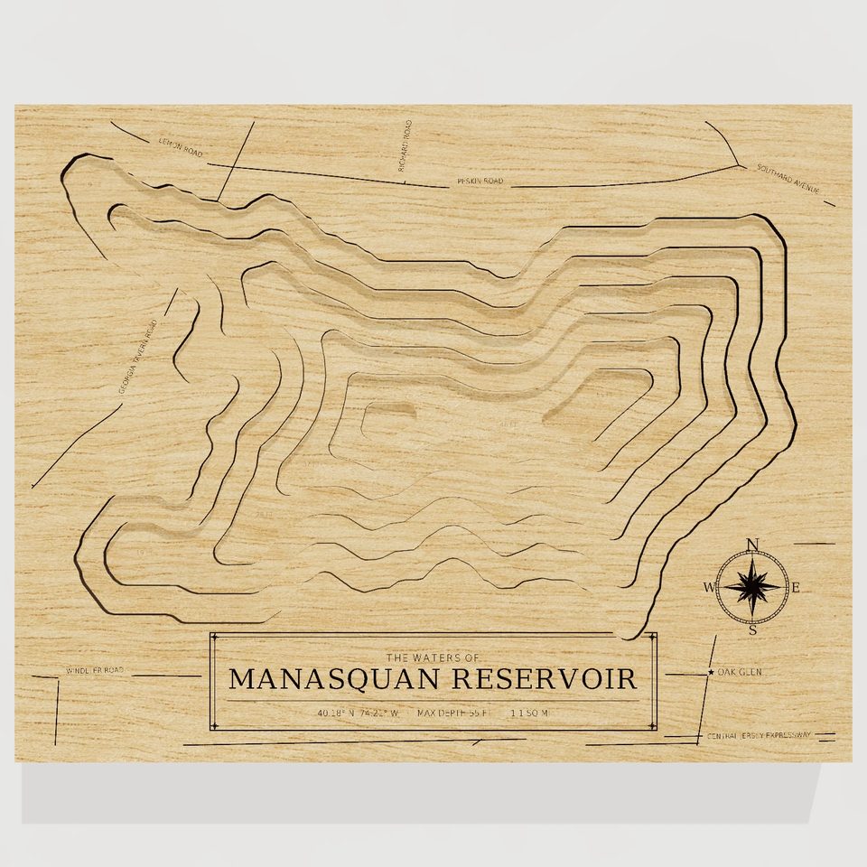 Manasquan Reservoir 3D wood map, front view