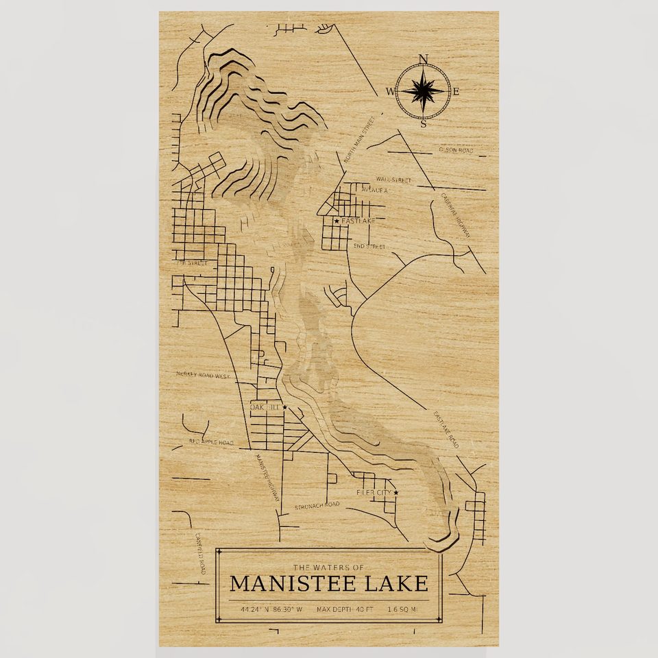 Manistee Lake 3D wood map, front view