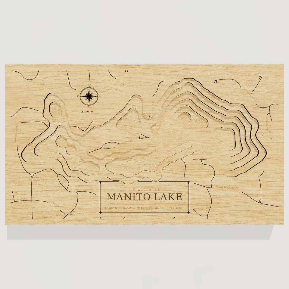Manito Lake 3D wood map, front view