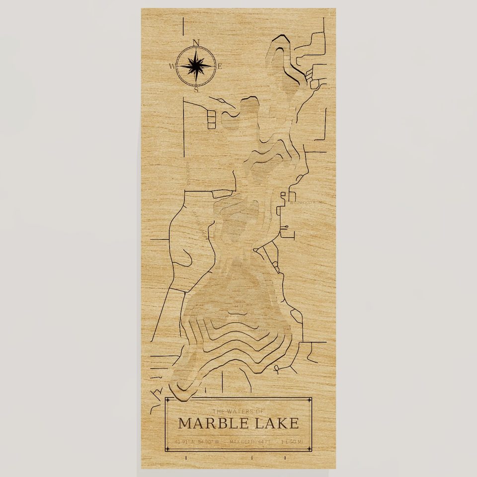 Marble Lake 3D wood map, front view