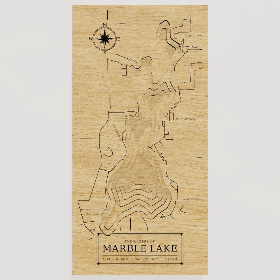 Marble Lake 3D wood map, front view