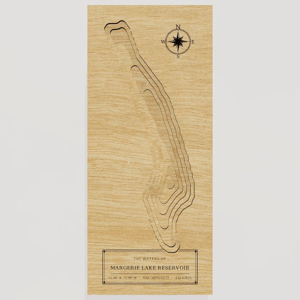 Margerie Lake Reservoir 3D wood map, front view