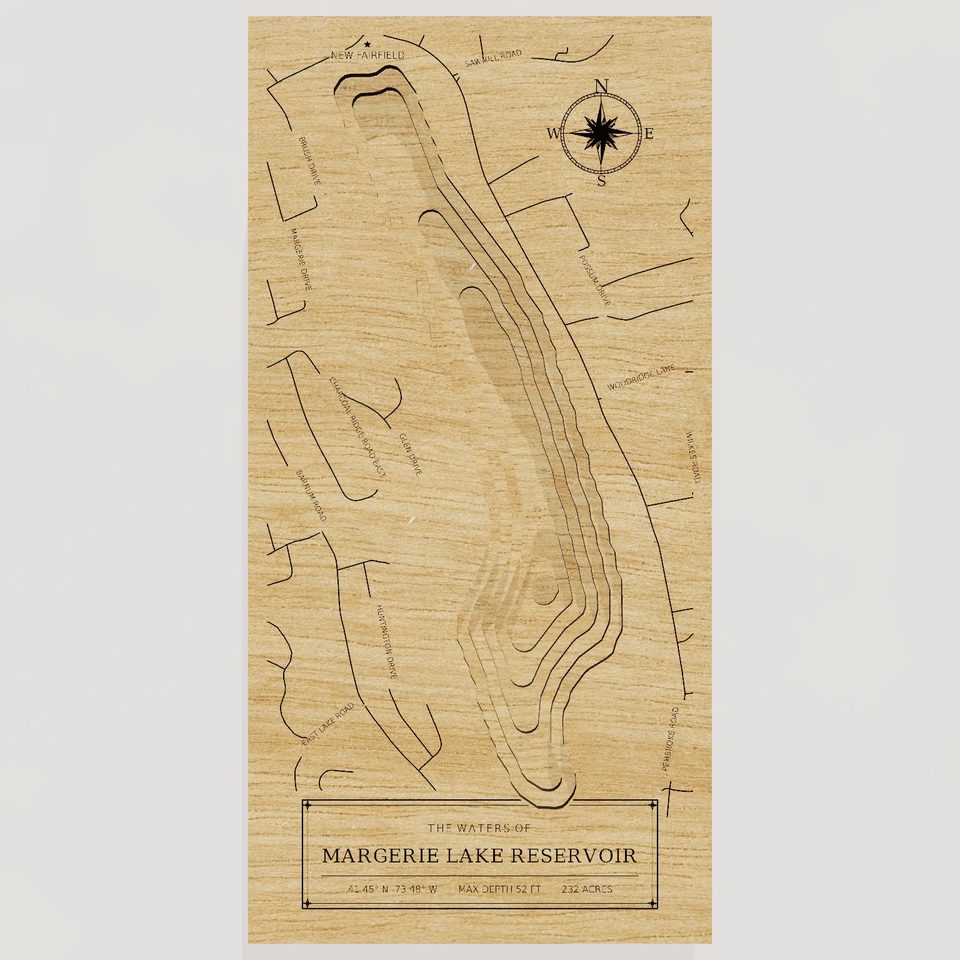 Margerie Lake Reservoir 3D wood map, front view