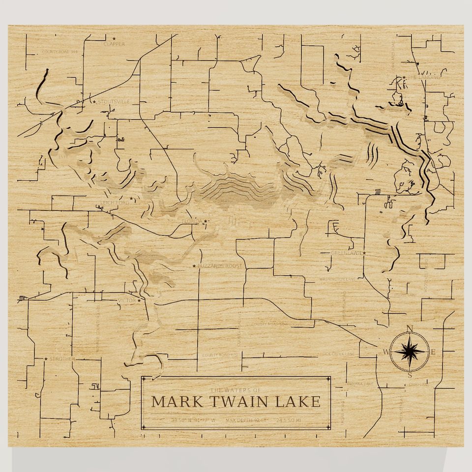 Mark Twain Lake 3D wood map, front view