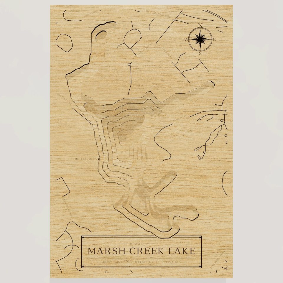 Marsh Creek Lake 3D wood map, front view