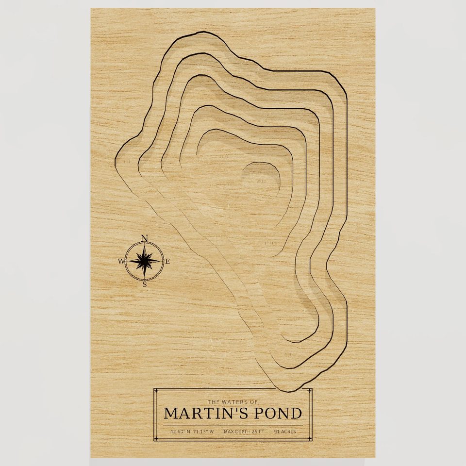 Martin's Pond 3D wood map, front view