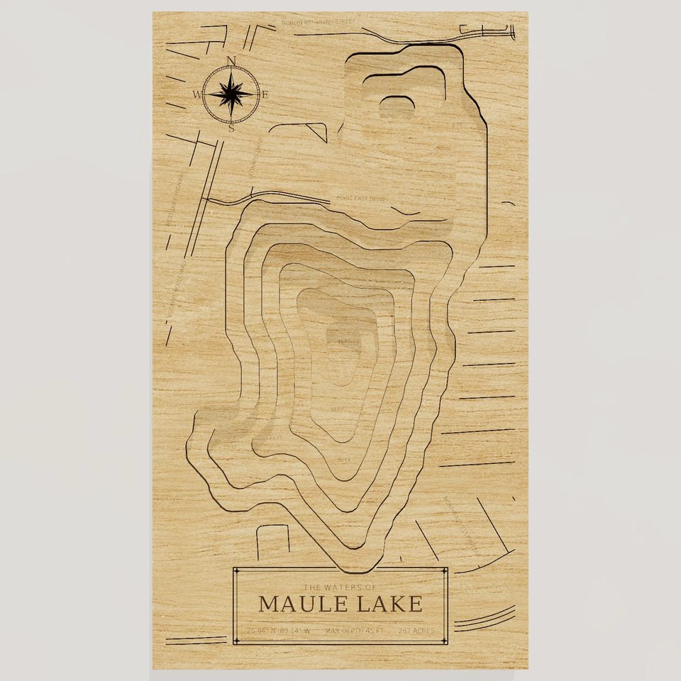 Maule Lake 3D wood map, front view