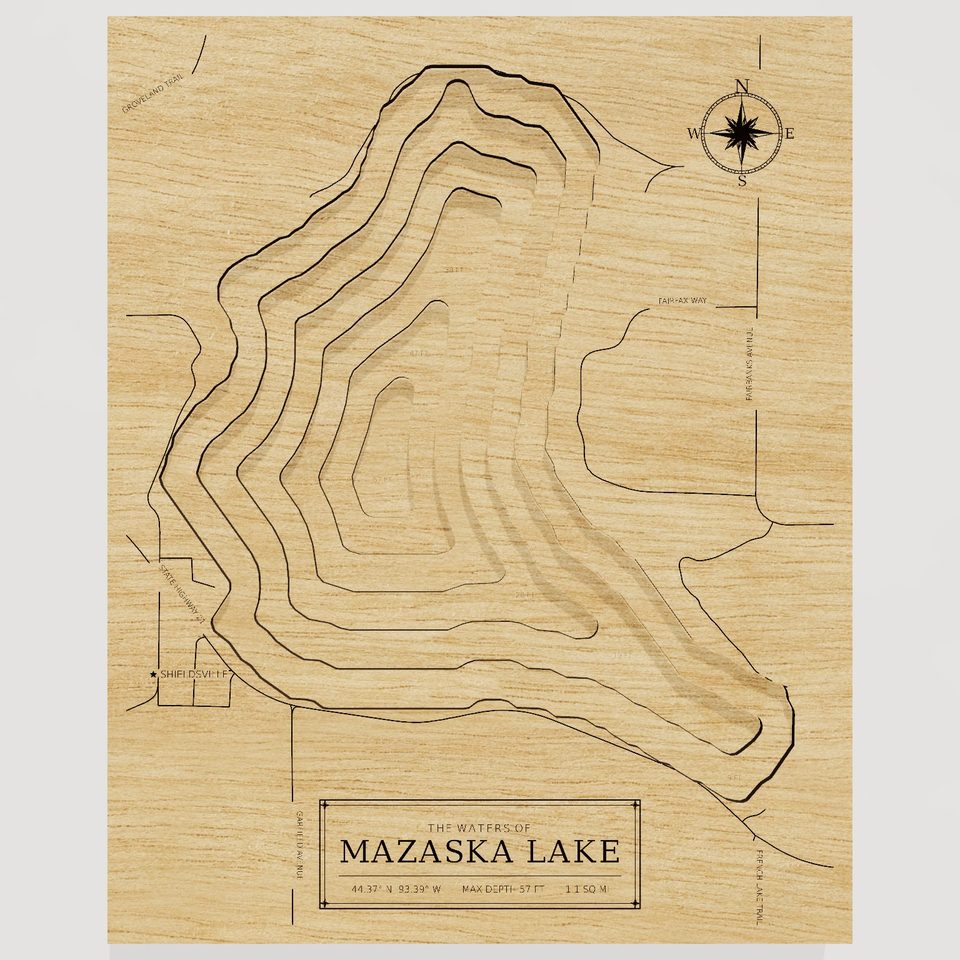 Mazaska Lake 3D wood map, front view