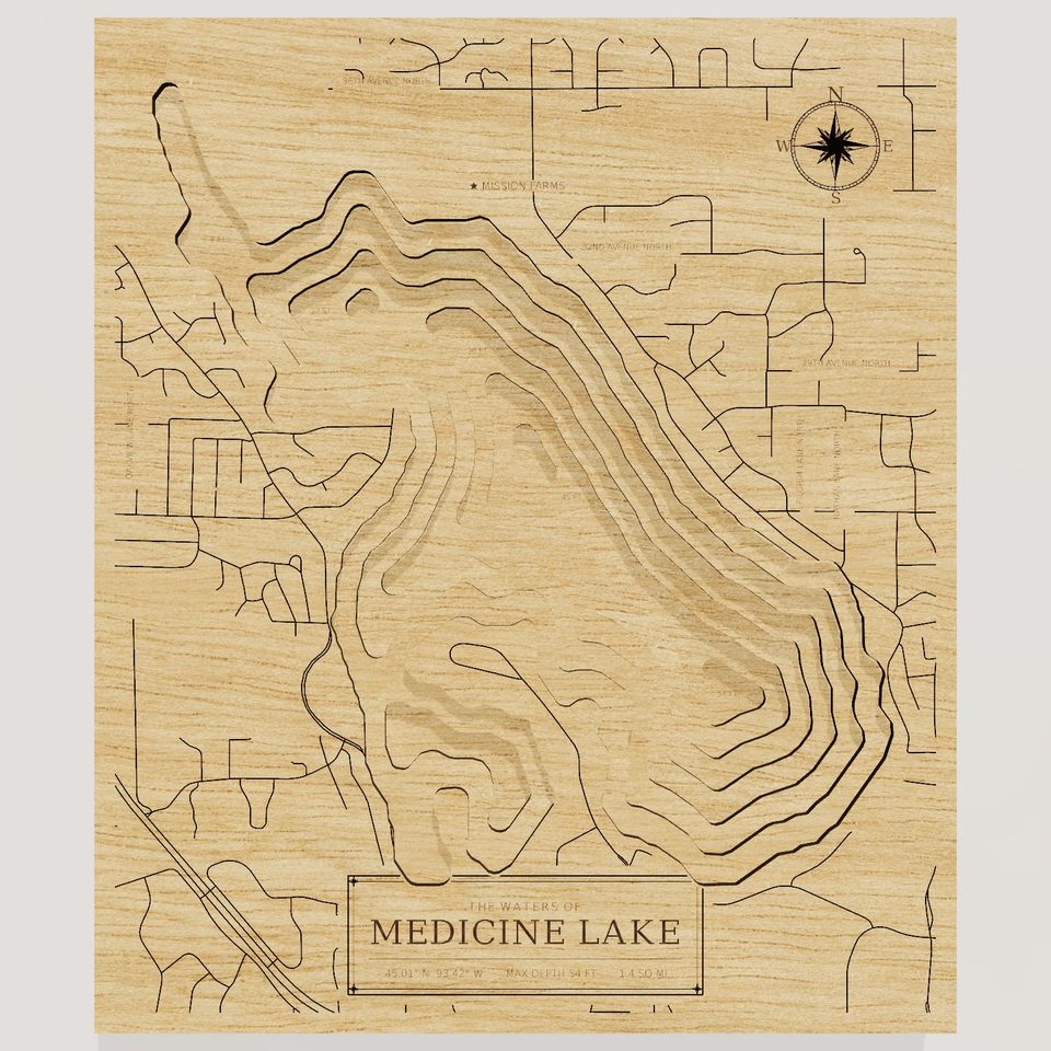 Medicine Lake 3D wood map, front view