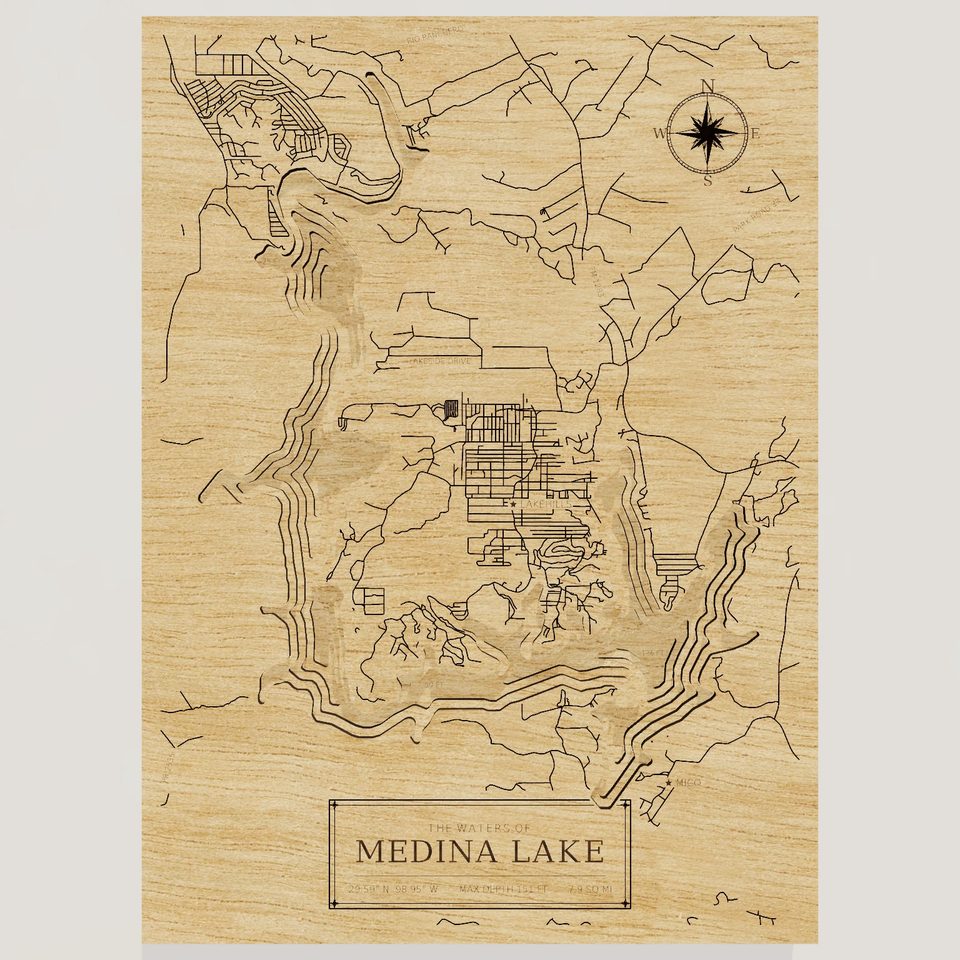 Medina Lake 3D wood map, front view