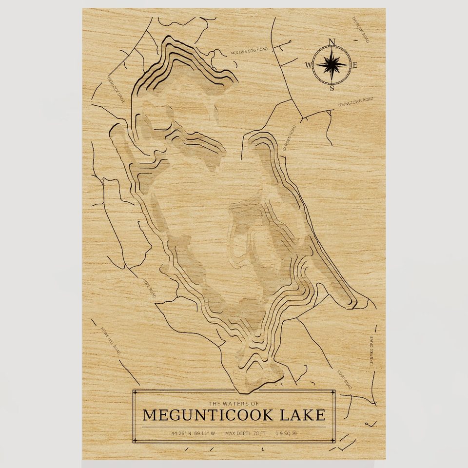 Megunticook Lake 3D wood map, front view