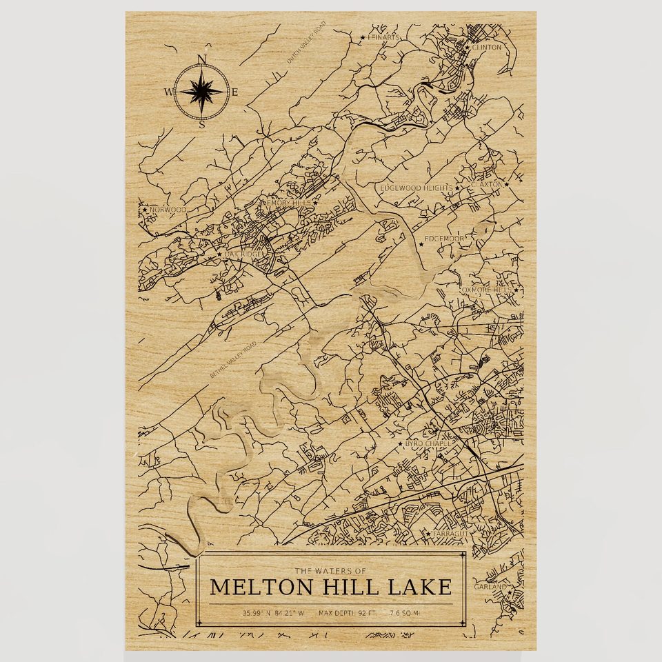 Melton Hill Lake 3D wood map, front view