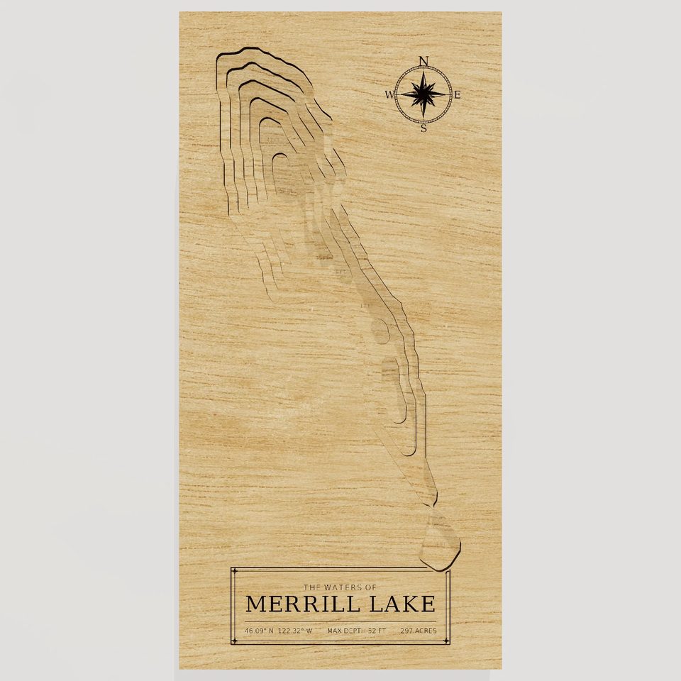 Merrill Lake 3D wood map, front view