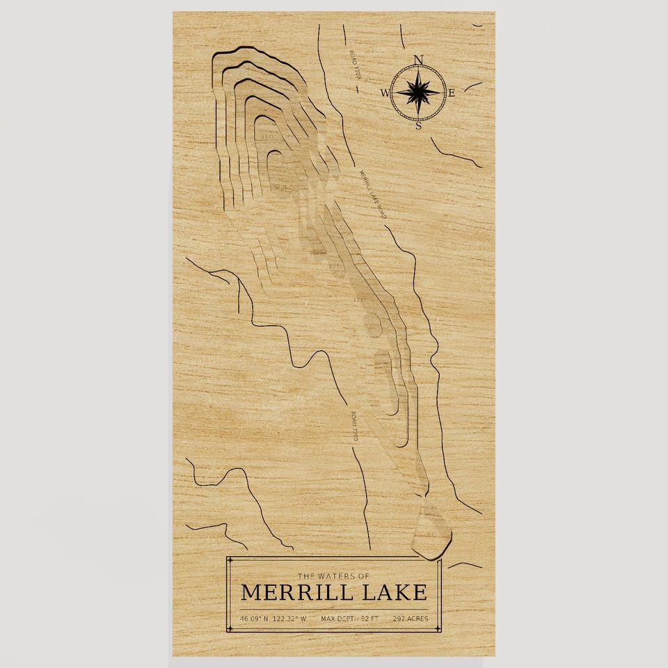 Merrill Lake 3D wood map, front view