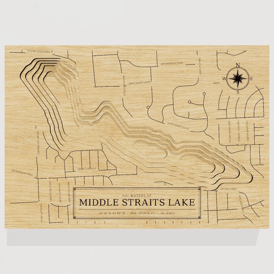 Middle Straits Lake 3D wood map, front view