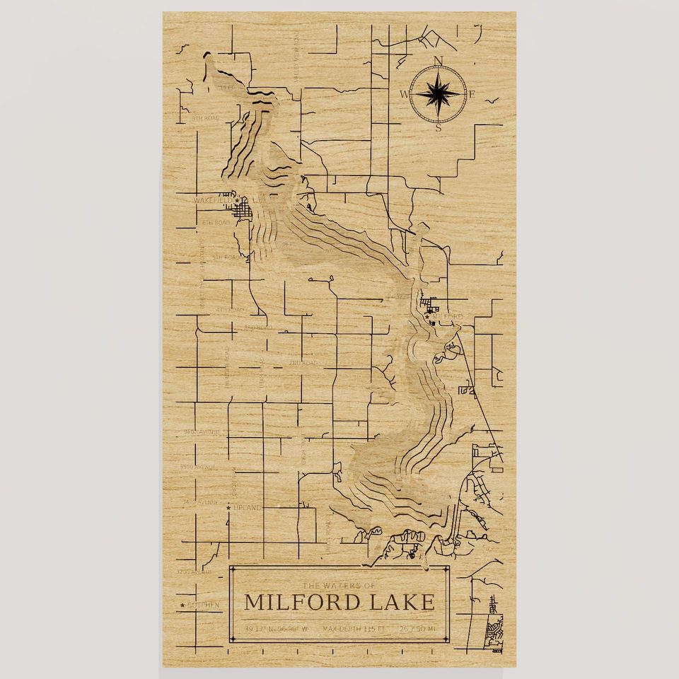 Milford Lake 3D wood map, front view