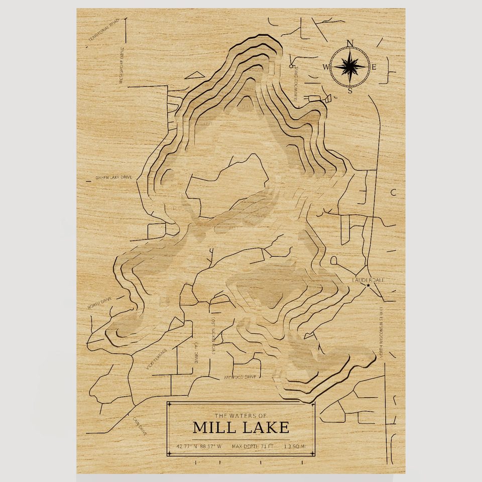 Mill Lake 3D wood map, front view