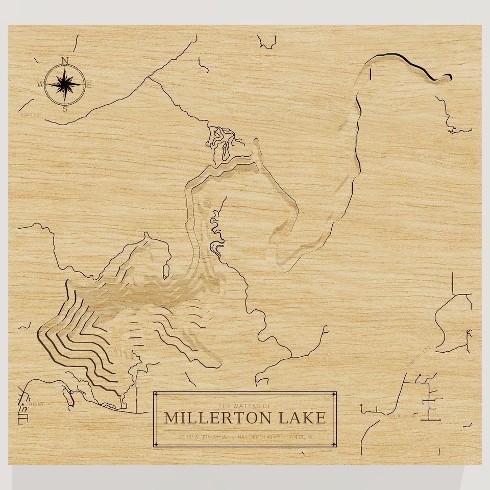 Millerton Lake 3D wood map, front view