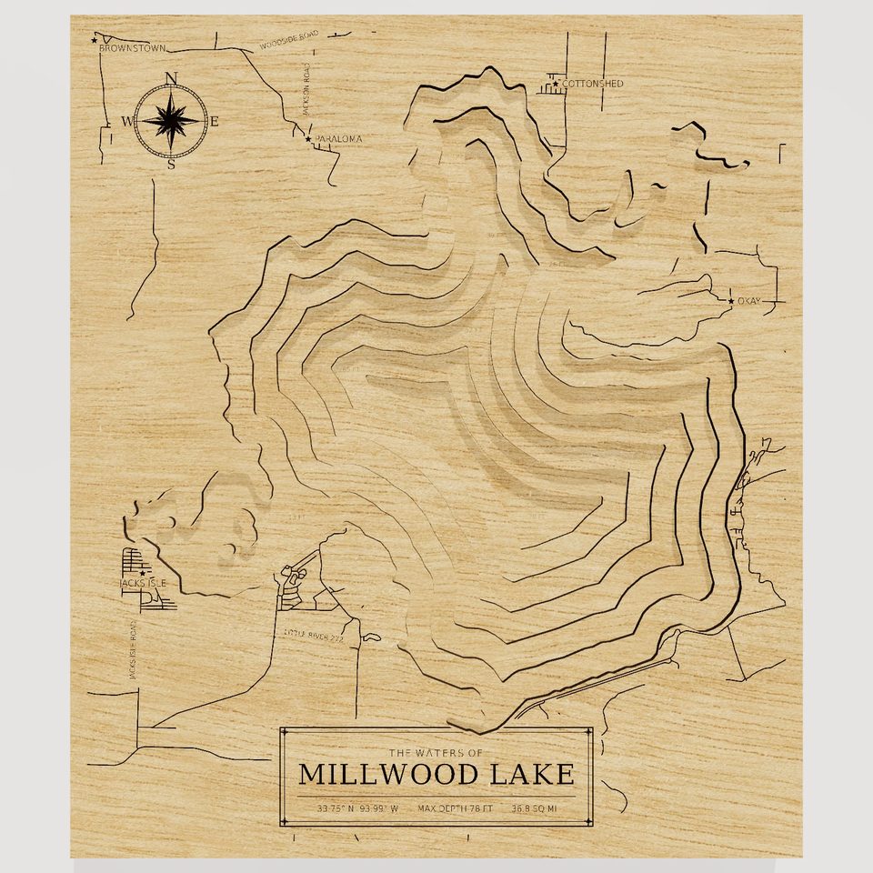 Millwood Lake 3D wood map, front view
