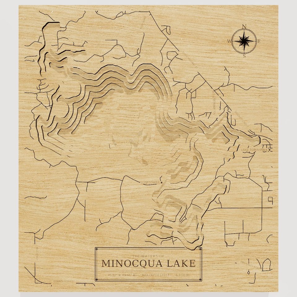 Minocqua Lake 3D wood map, front view