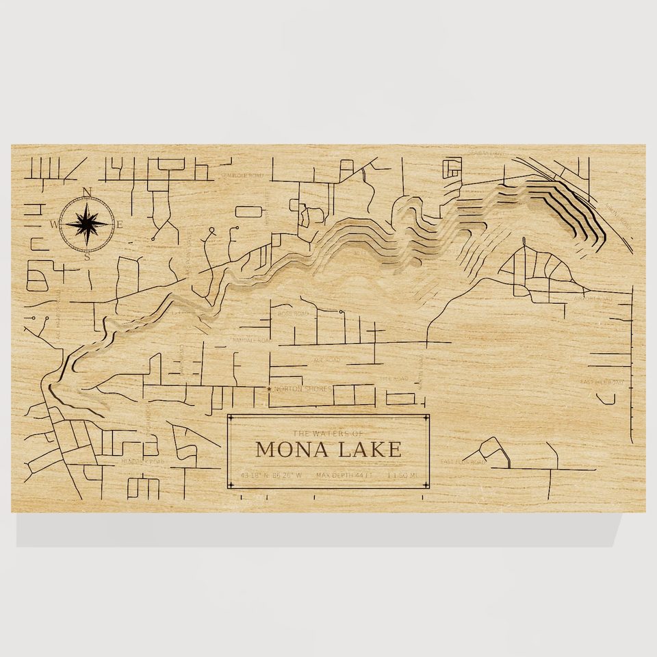 Mona Lake 3D wood map, front view