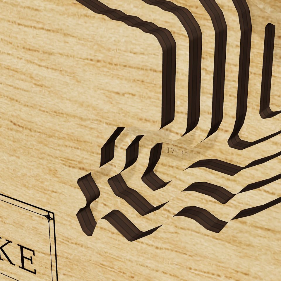 Monday Lake 3D wood map, detail view