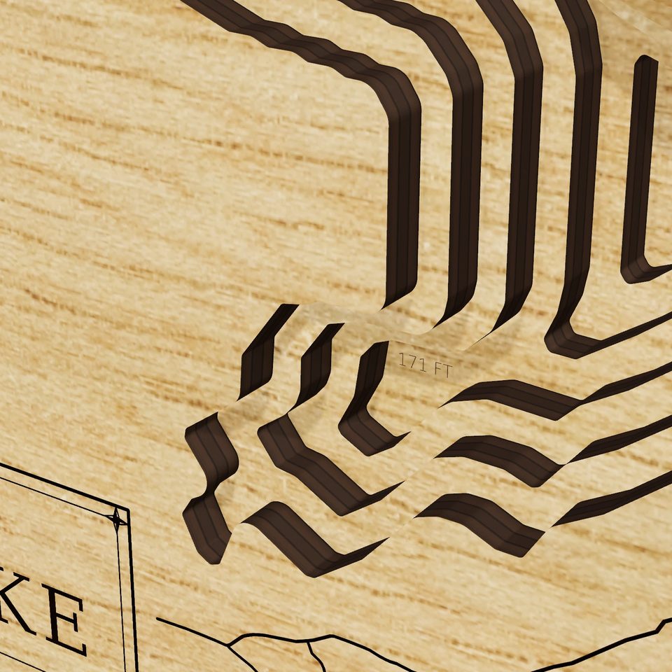 Monday Lake 3D wood map, detail view