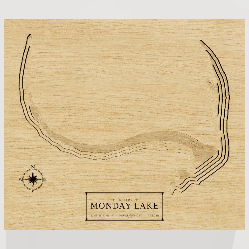 Monday Lake 3D wood map, front view