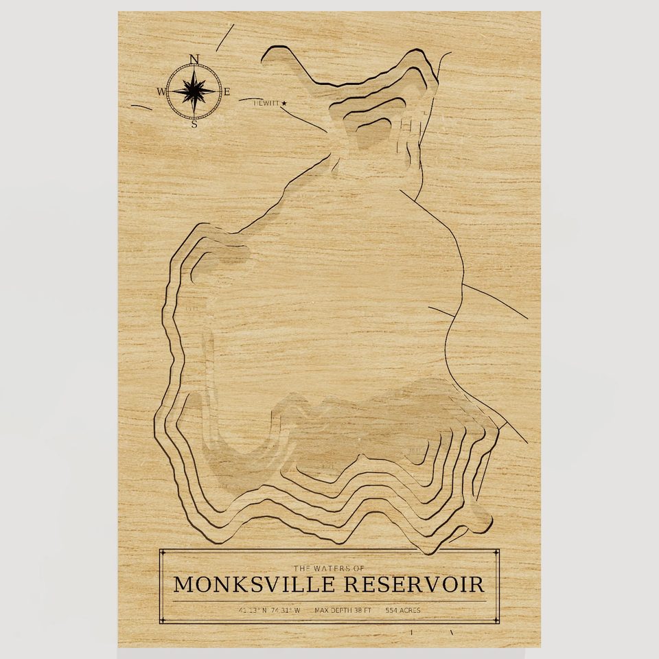 Monksville Reservoir 3D wood map, front view
