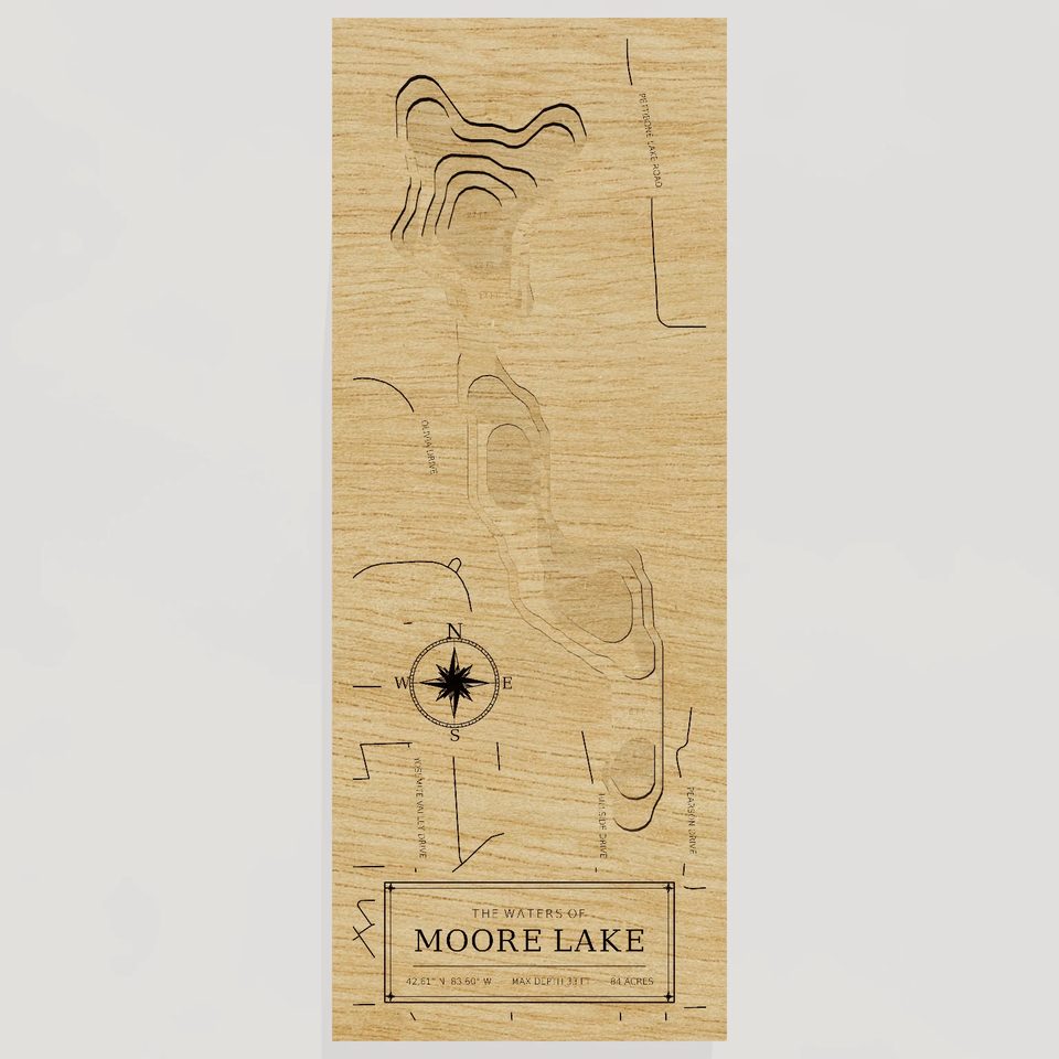 Moore Lake 3D wood map, front view