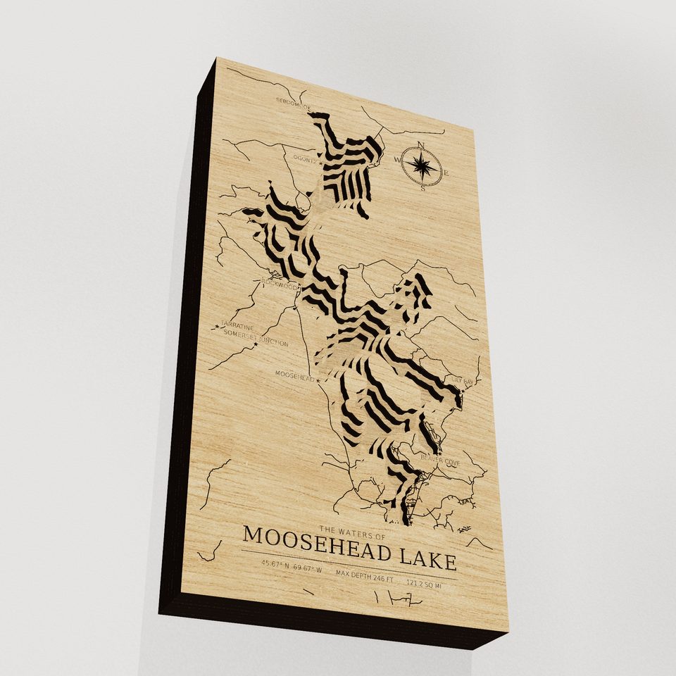 Moosehead Lake 3D wood map, angle low view