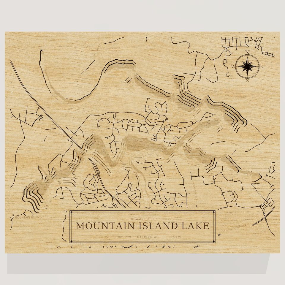 Mountain Island Lake 3D wood map, front view
