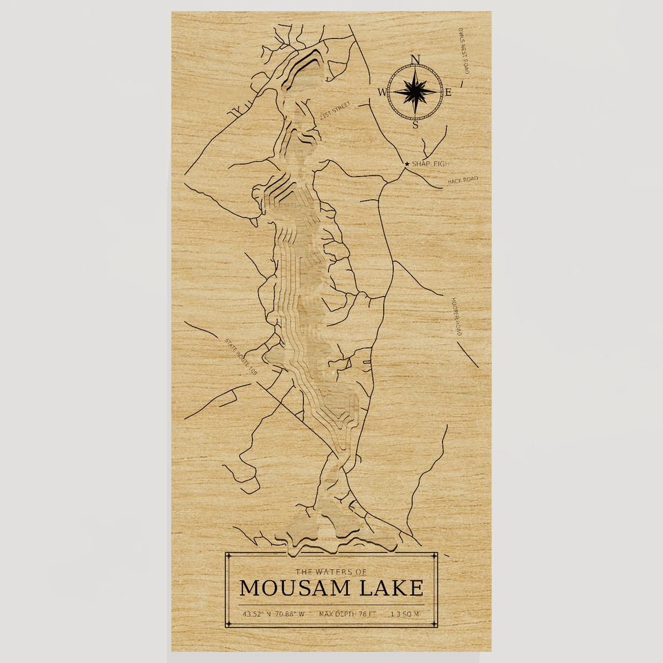 Mousam Lake 3D wood map, front view