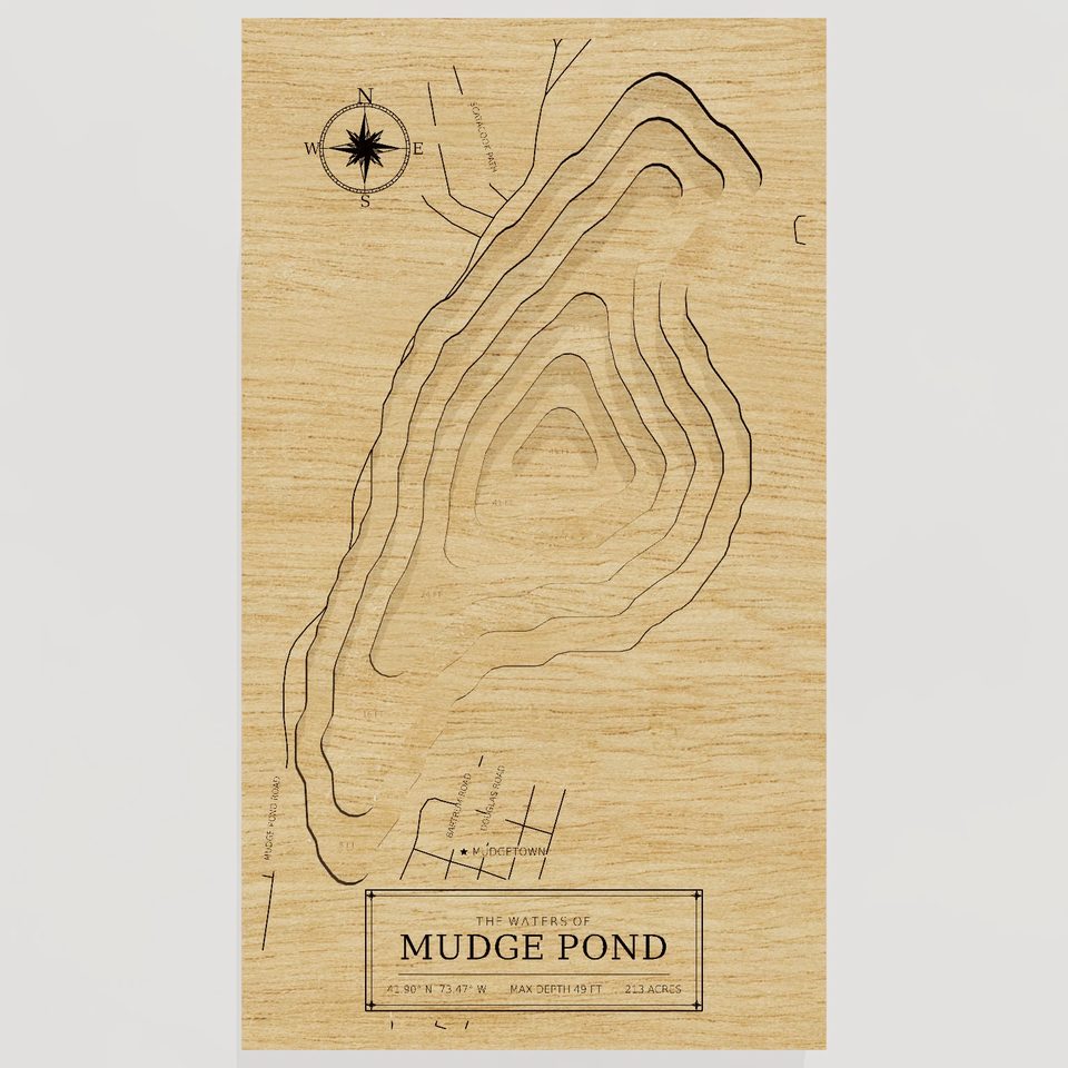 Mudge Pond 3D wood map, front view