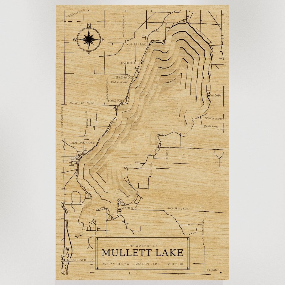 Mullett Lake 3D wood map, front view
