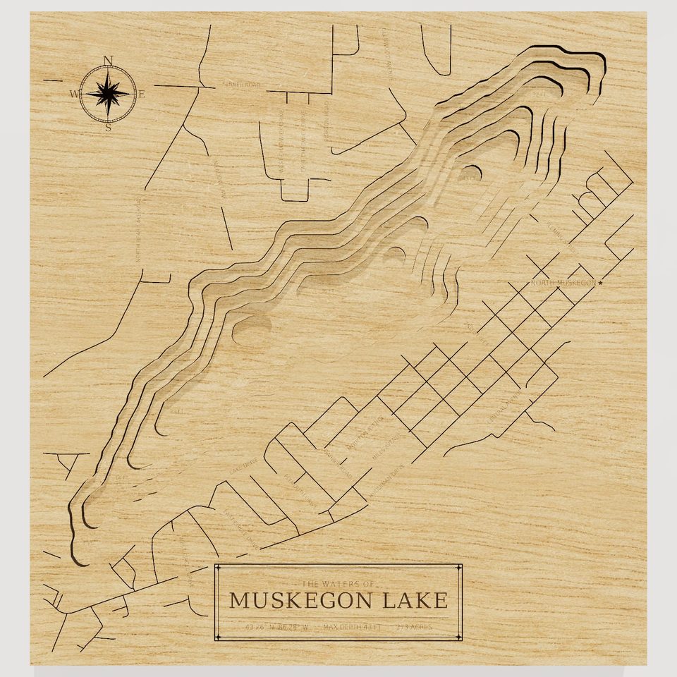 Muskegon Lake 3D wood map, front view
