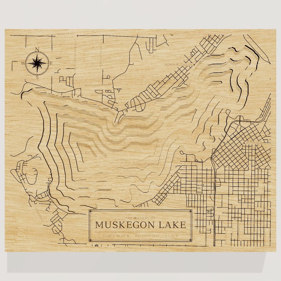 Muskegon Lake 3D wood map, front view