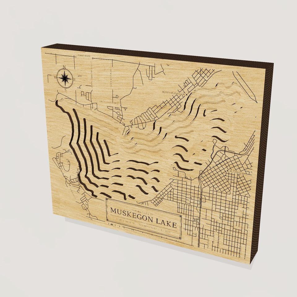 Muskegon Lake 3D wood map, hero view