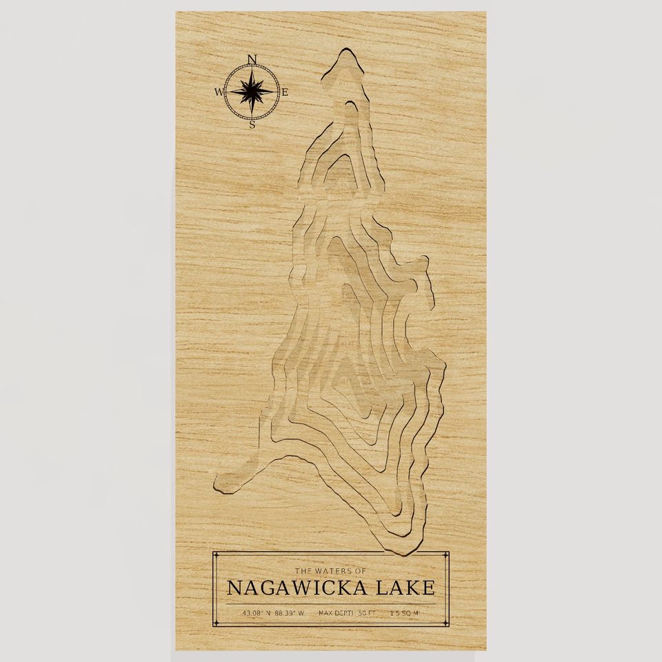 Nagawicka Lake 3D wood map, front view