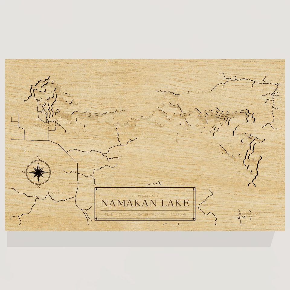 Namakan Lake 3D wood map, front view