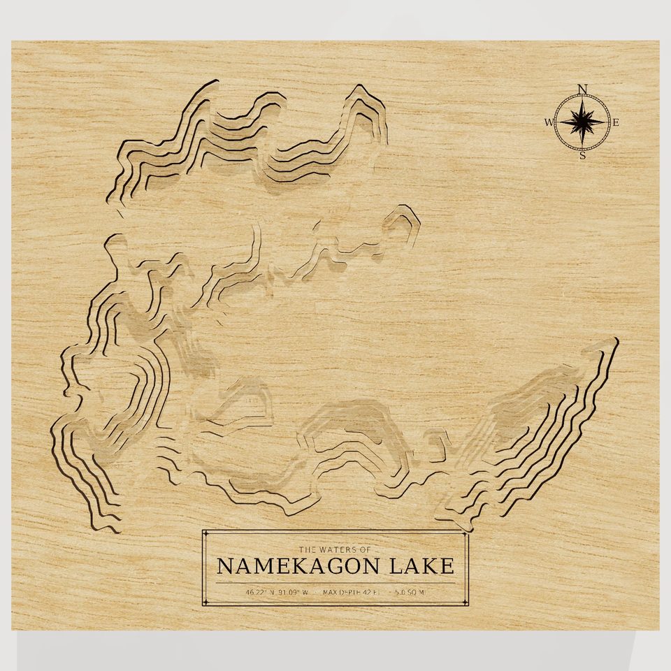 Namekagon Lake 3D wood map, front view