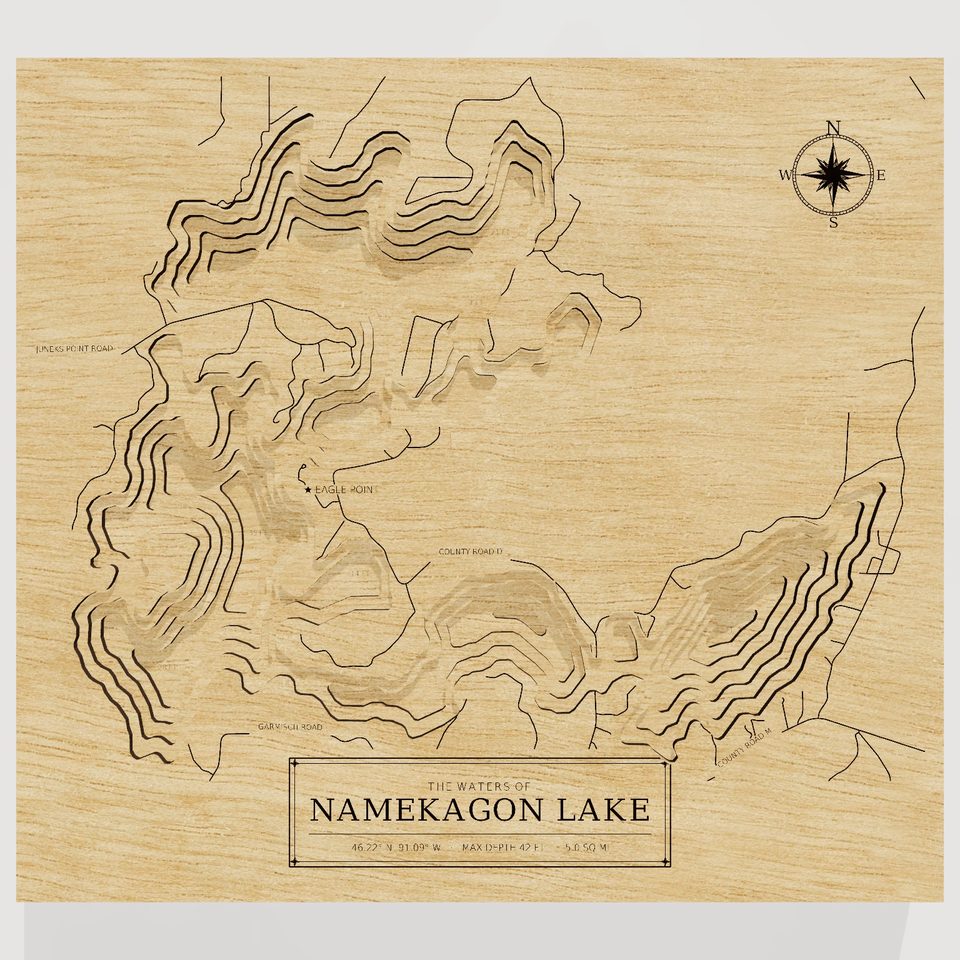 Namekagon Lake 3D wood map, front view
