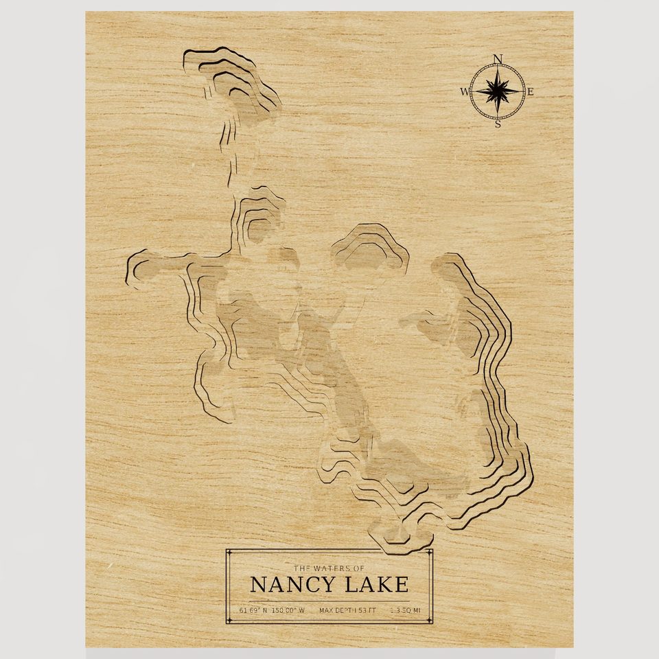 Nancy Lake 3D wood map, front view