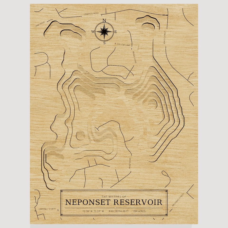 Neponset Reservoir 3D wood map, front view