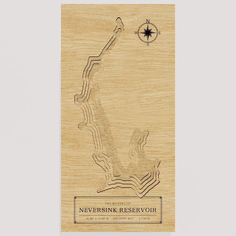 Neversink Reservoir 3D wood map, front view