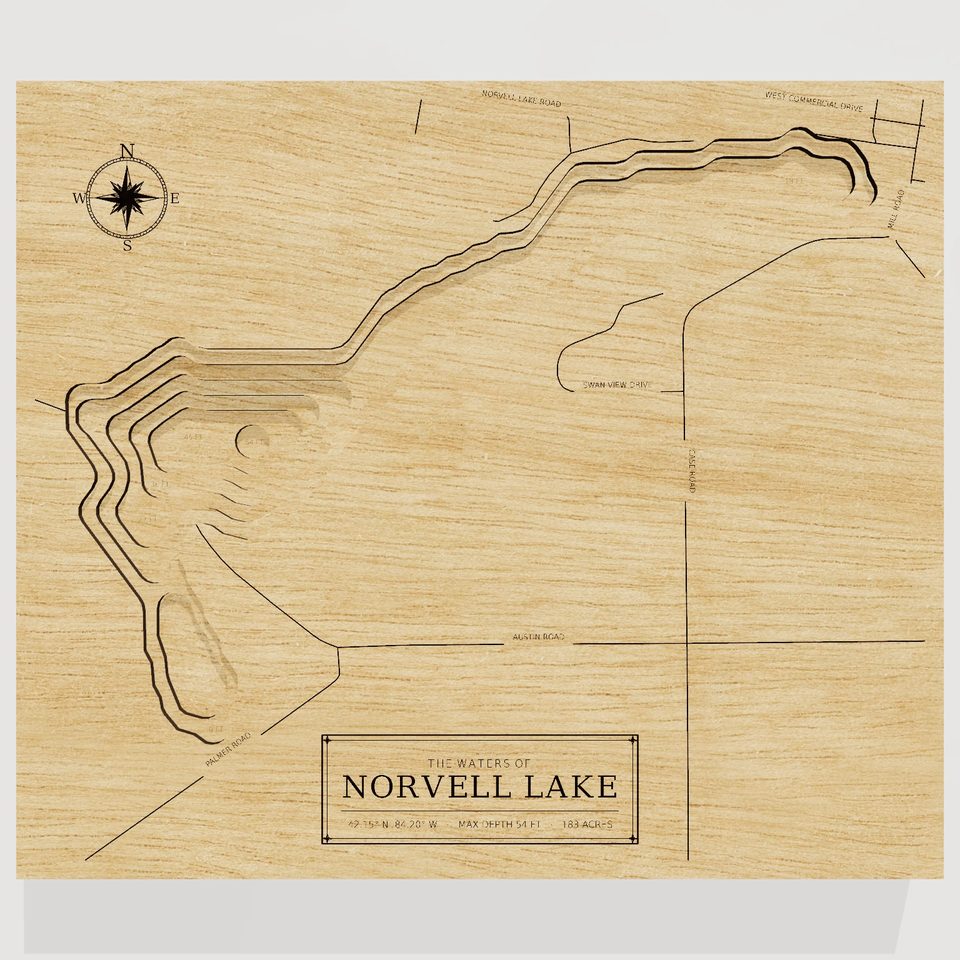 Norvell Lake 3D wood map, front view