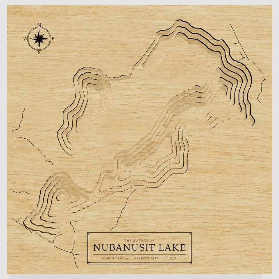 Nubanusit Lake 3D wood map, front view