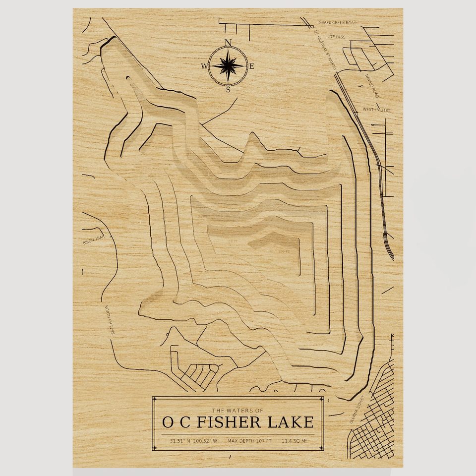 O C Fisher Lake 3D wood map, front view