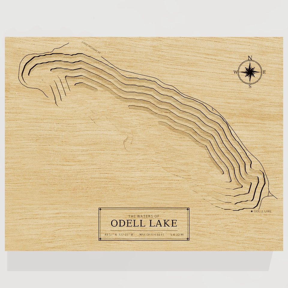 Odell Lake 3D wood map, front view